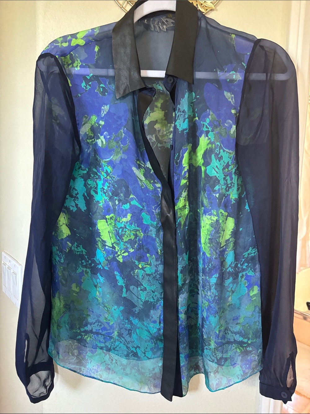 Elie Tahari Sheer Button-Down Blouse in Navy, Blue & Green